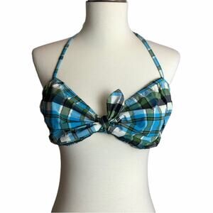 J Crew Blue Green Plaid Bandeau Bikini Top L